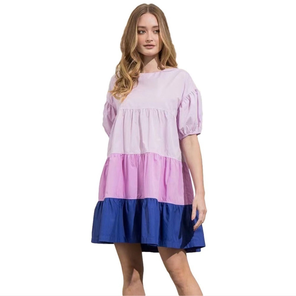 Aaron & Amber Tiered Colorblock Short Sleeve Babydoll Mini Dress Size Small - Picture 11 of 11